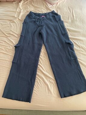 Edikted Navy Ribbed Wide-Leg Cargo Pants